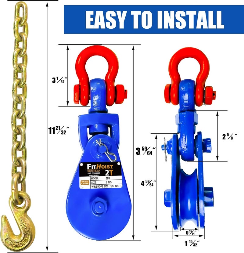 FITHOIST 2 Tons Snatch Block with G80 Chain | 3" Sheave for 3/8" Inch Wire Rope | High Strength Snatch Blocks for Towing and Recovery Applications | Tow Truck Rollback Wrecker Car Hauler Winch - Image 3
